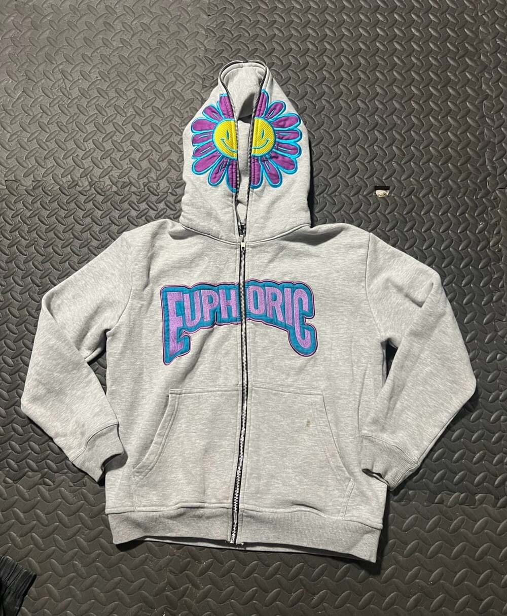 Euphoric Zip-Up Hoodie XS Grey with Flower Design